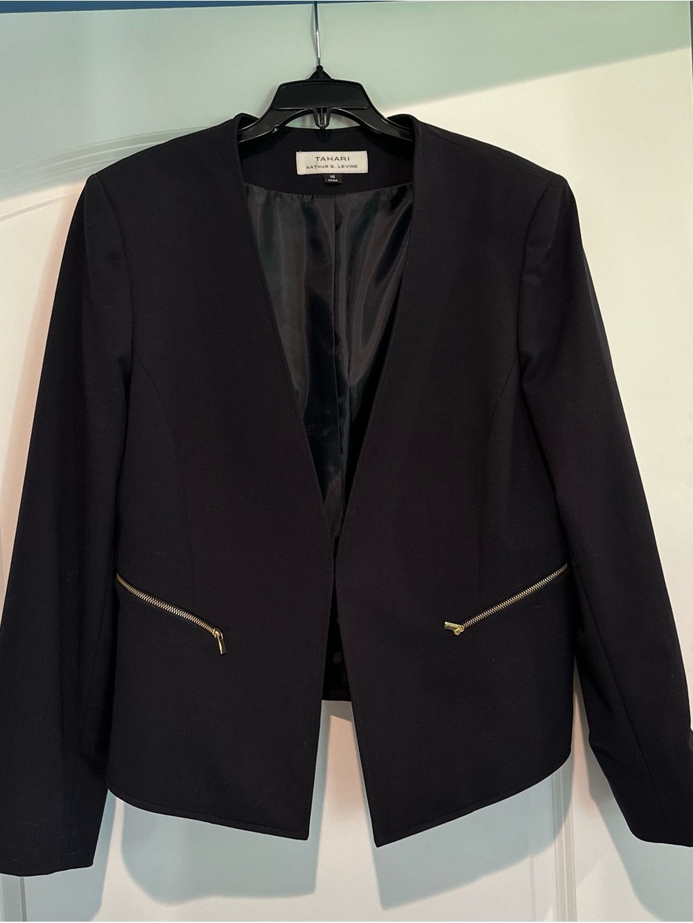 Tahari ASL Navy Blue Open-Front Blazer with Gold Zip Accents Sz 16